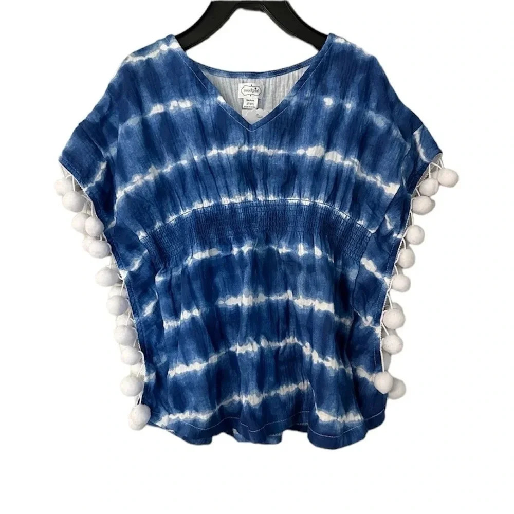 Mud Pie Girls Beach Swimsuit Cover Up Blue Tie Dye with Pom Poms Sz 2T-3T NWT